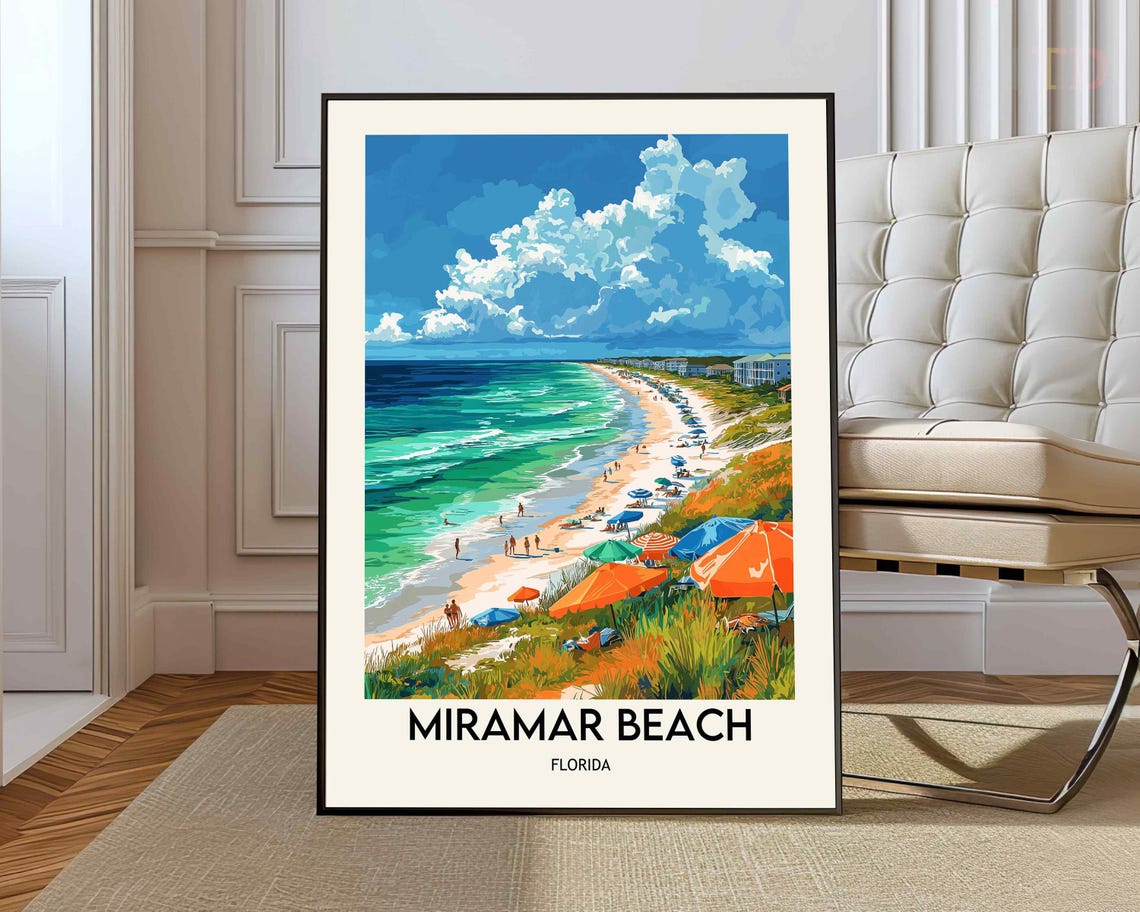 Miramar Beach Florida Emerald Coast Umbrellas Vintage Travel Poster