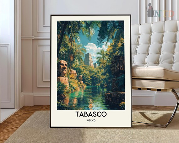 Tabasco Mexico Jungle River Mayan Temple Ruins Travel Poster Art