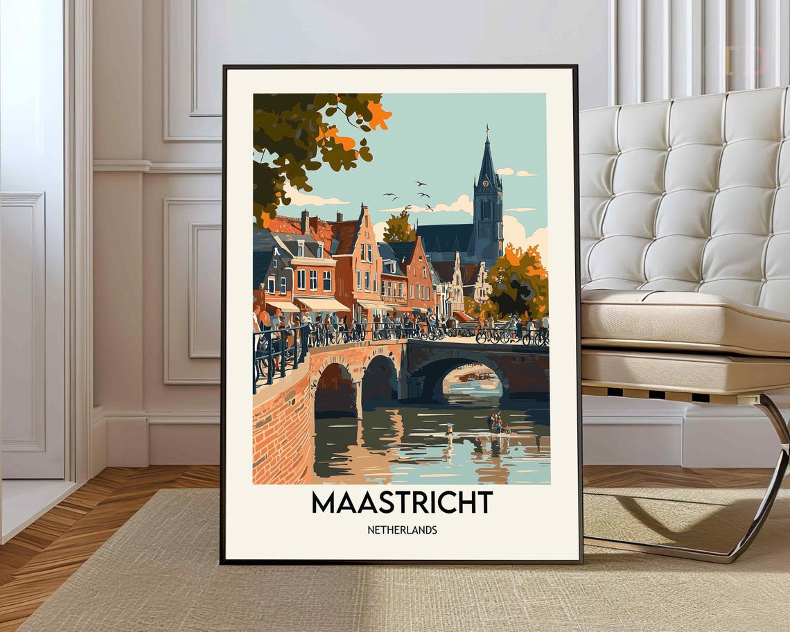 Maastricht Netherlands Canal Bridge Autumn Vintage Travel Poster