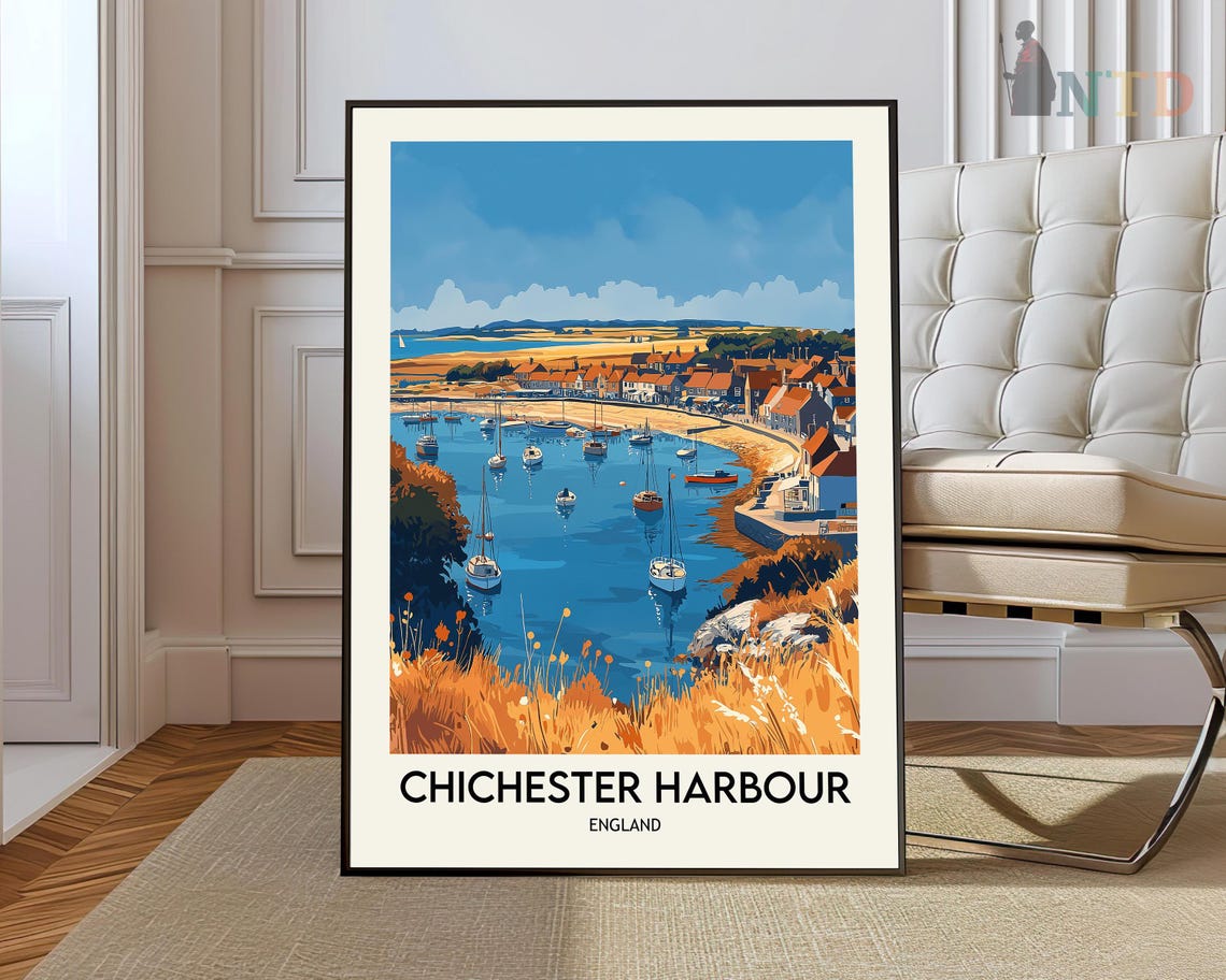 Chichester Harbour Sailboats Coastal Town Vintage Travel Poster