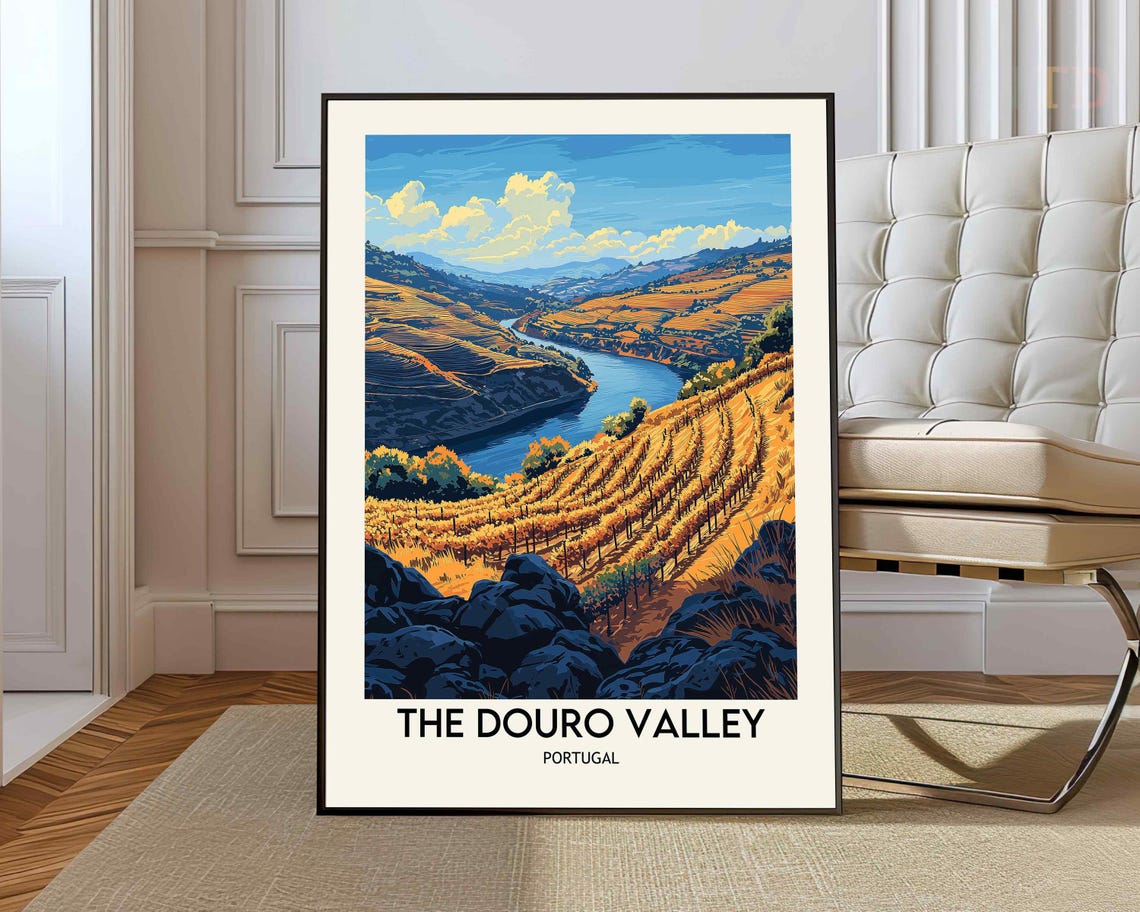 Douro Valley Portugal Golden Terraced Vineyards River Bend View Poster