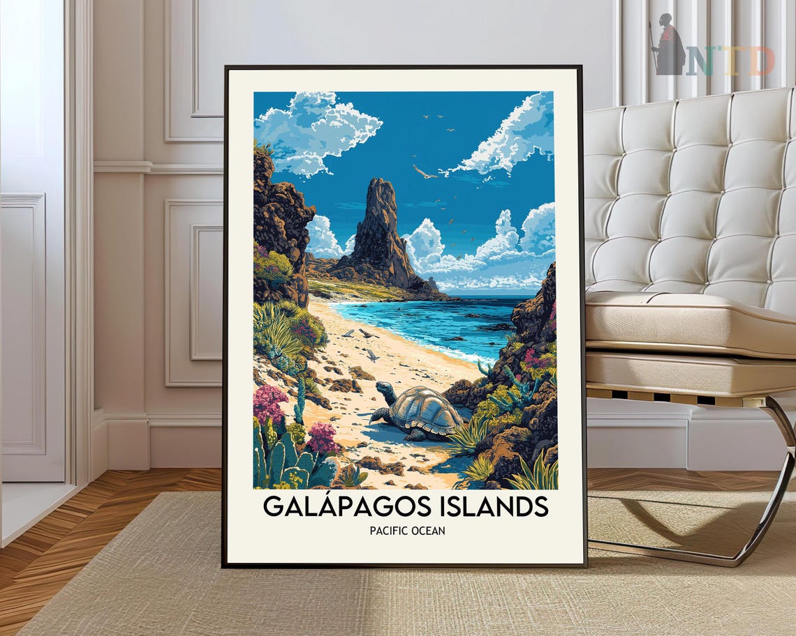 Galapagos Islands Giant Tortoise on a Beach with Pinnacle Rock Poster