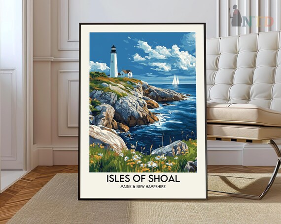 Isles of Shoal Travel Poster with Rocky Cliff Lighthouse and Flowers