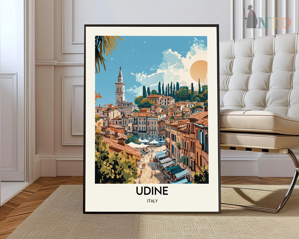 Udine Italy Old Town Street Market with Bell Tower Travel Poster