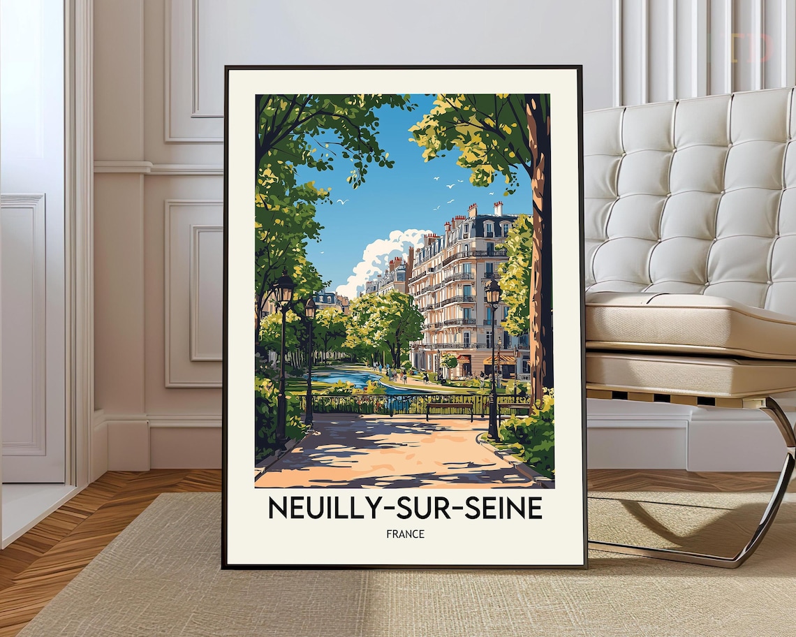 Neuilly-sur-Seine France Park Path Poster with Elegant Buildings Art