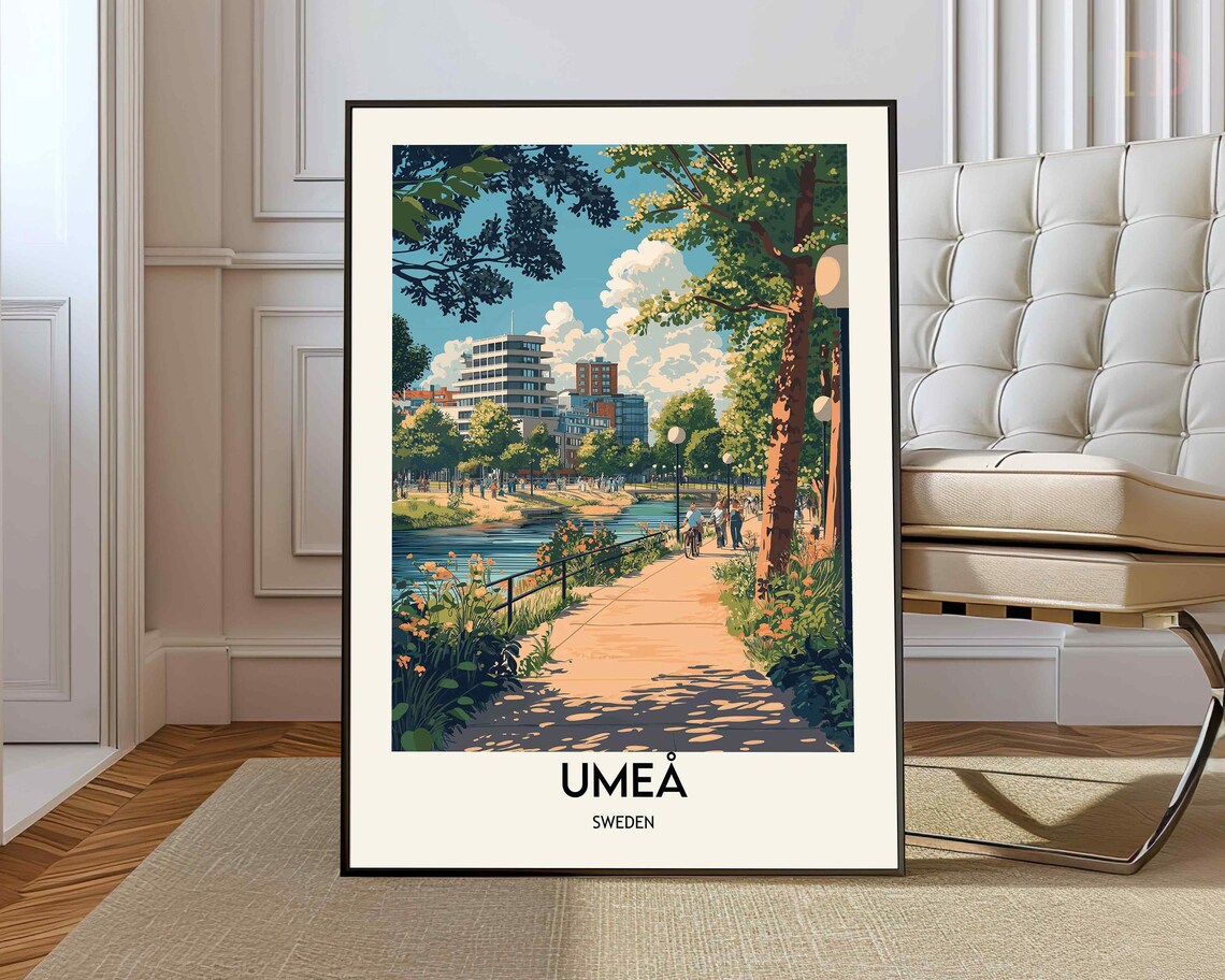 Umea Sweden Riverside Promenade Summer Flowers City Travel Poster