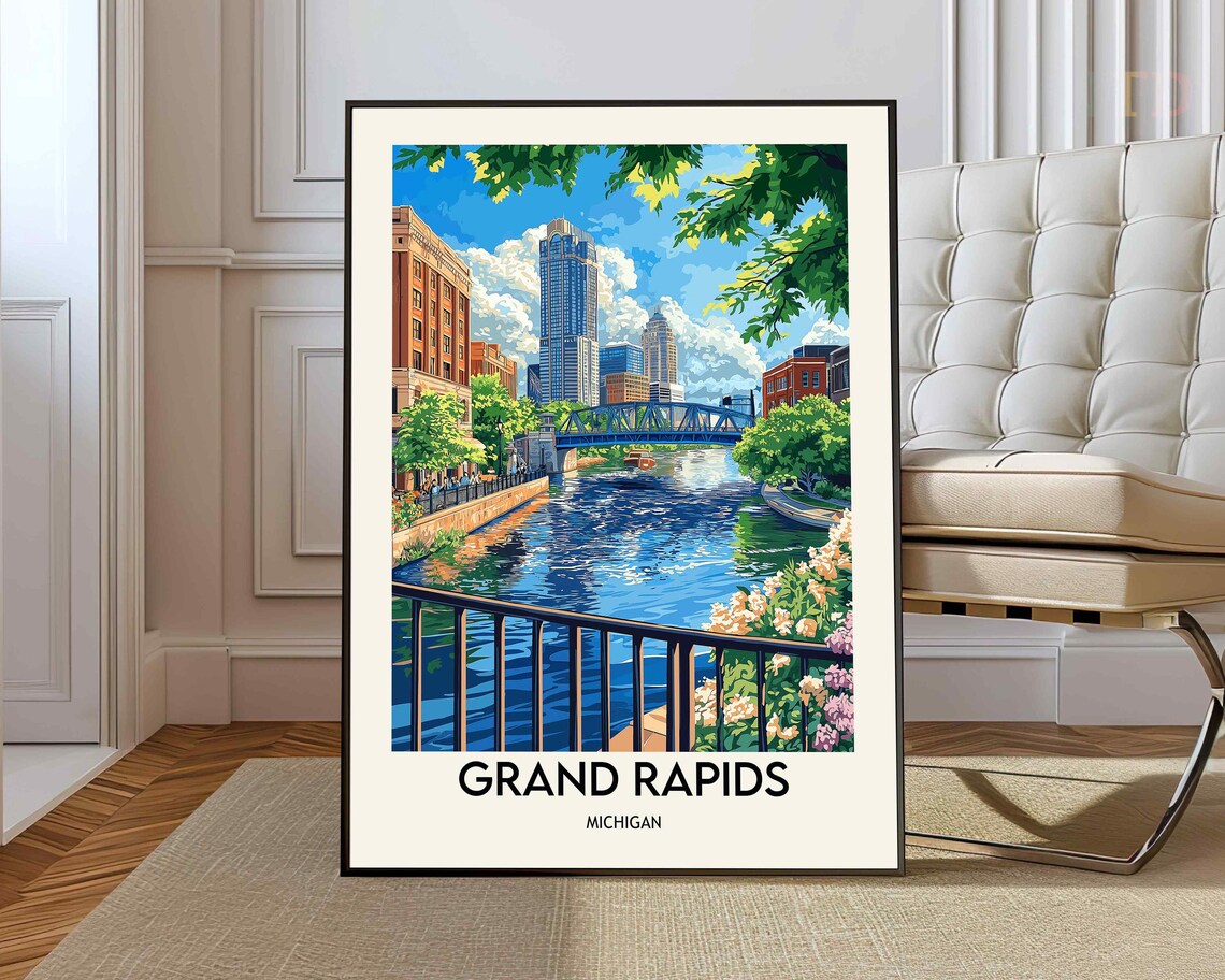 Grand Rapids Michigan Poster of the Grand River and Downtown Towers