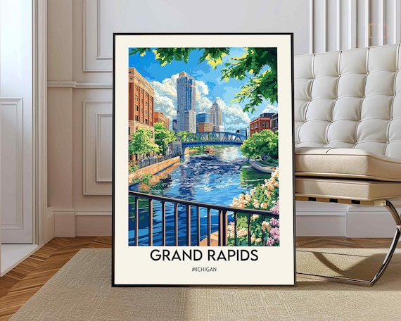 Grand Rapids Michigan Poster of the Grand River and Downtown Towers