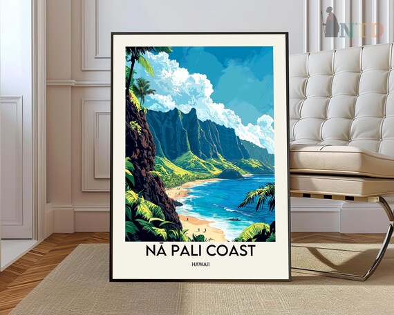 Na Pali Coast Kauai Hawaii Vintage Travel Poster Tropical Cliffs