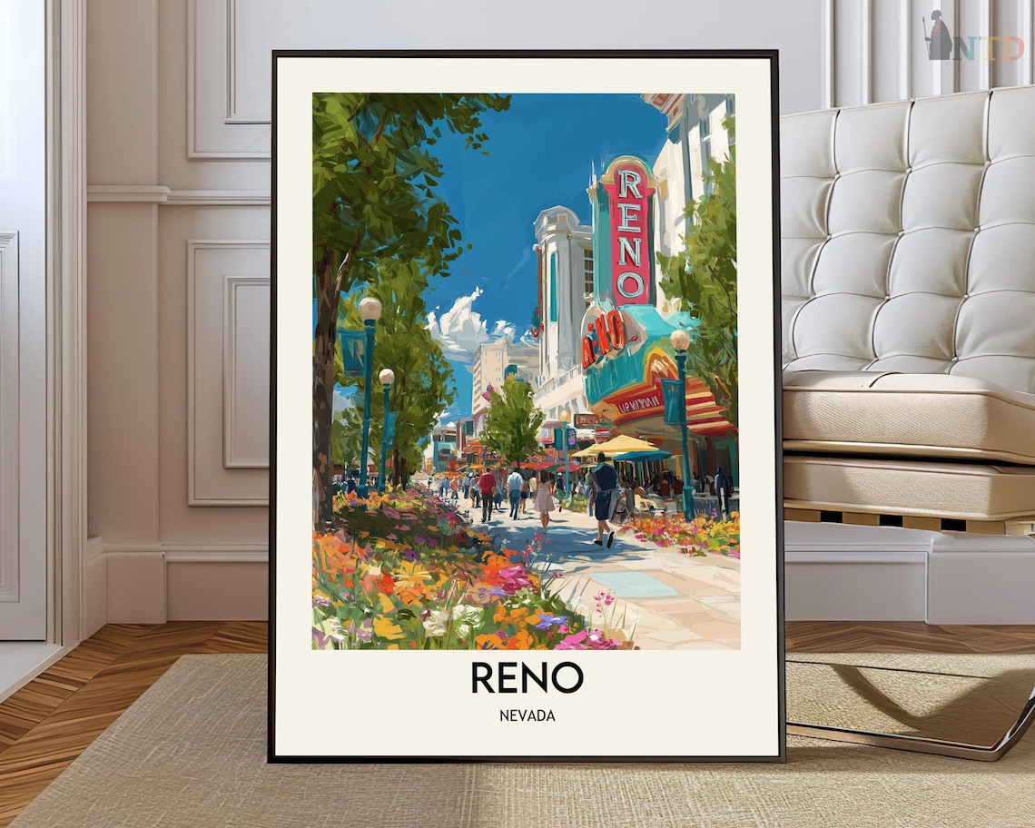 Reno Nevada Downtown Sign Street Vintage Style Travel Poster