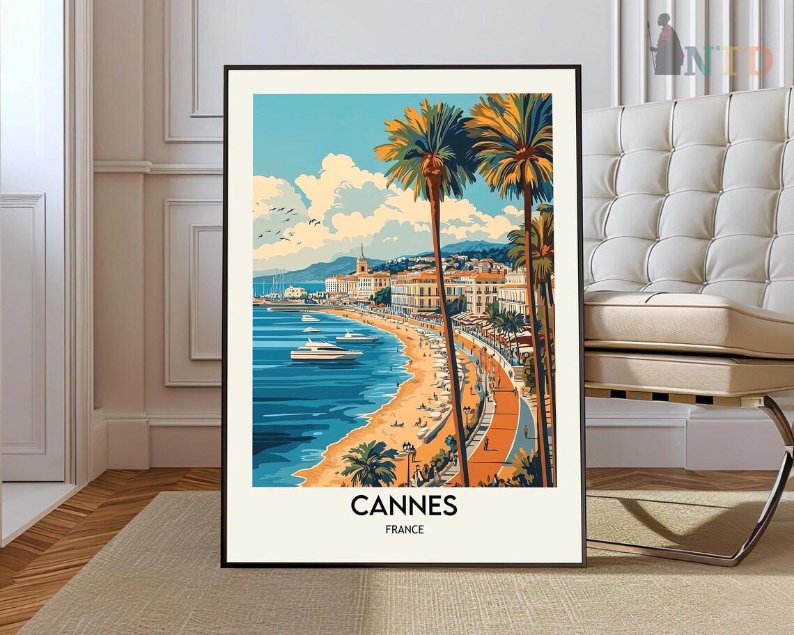 Cannes France Riviera Promenade Palms Yachts Summer Travel Poster