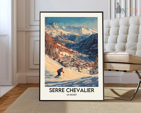 Serre Chevalier Ski Resort Poster Skier Alpine Slopes Village View