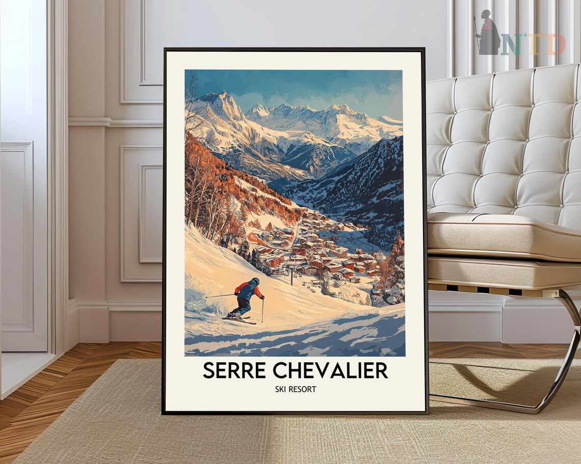 Serre Chevalier Ski Resort Poster Skier Alpine Slopes Village View