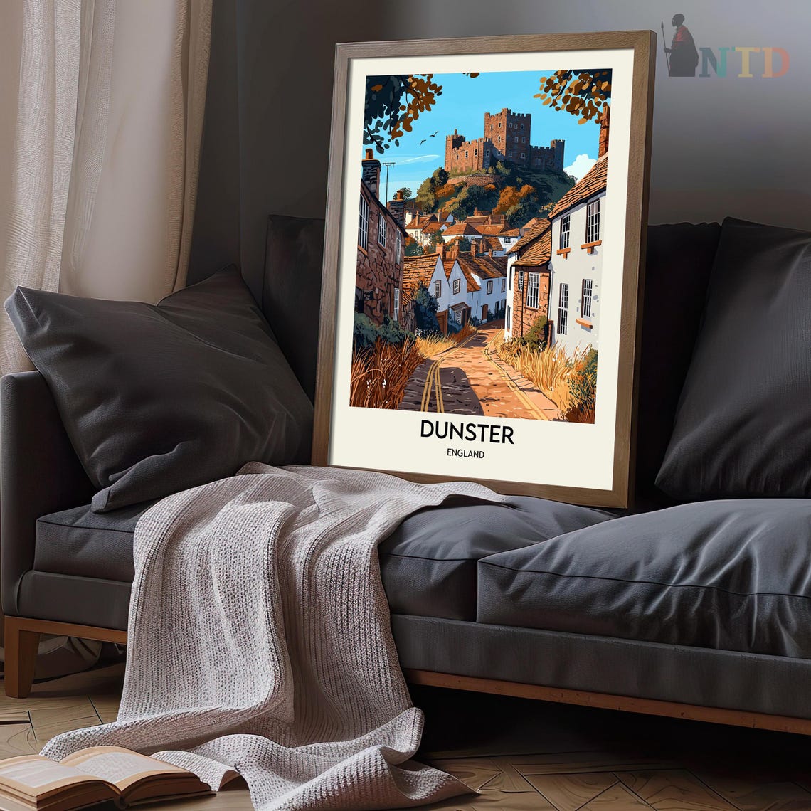 Dunster Cobblestone Lane with Cottages Below the Castle Hill Poster - Image 3