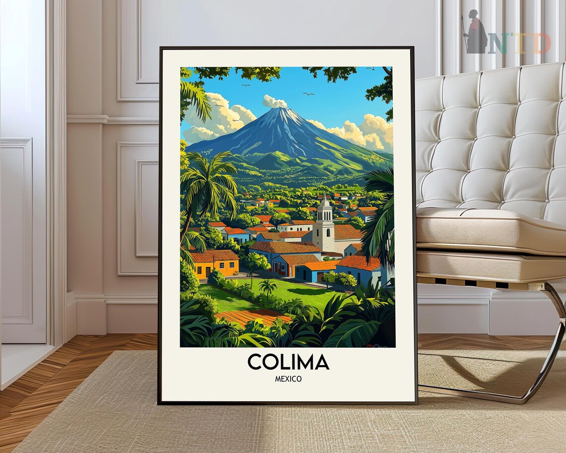 Colima Mexico Volcano Town Tropical Vintage Travel Scene Art Poster
