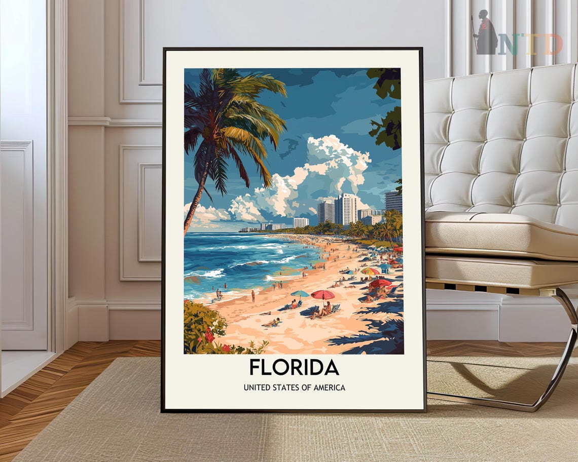 Florida Miami Beach Palm Trees Retro Sunshine Beach Travel Poster