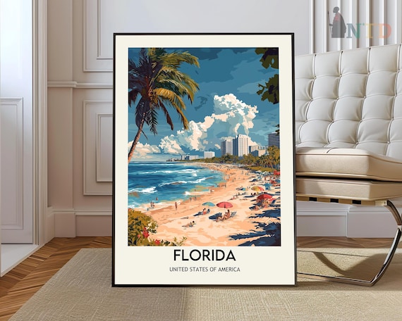 Florida Miami Beach Palm Trees Retro Sunshine Beach Travel Poster