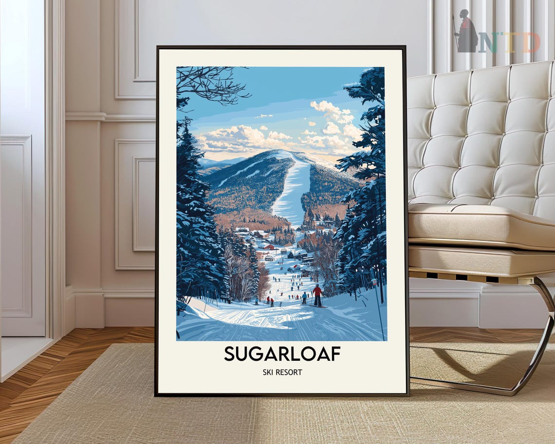 Sugarloaf Ski Resort Maine Winter Travel Poster Snowy Slopes