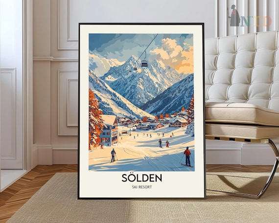 Solden Ski Resort Austria Gondola Village Vintage Winter Poster