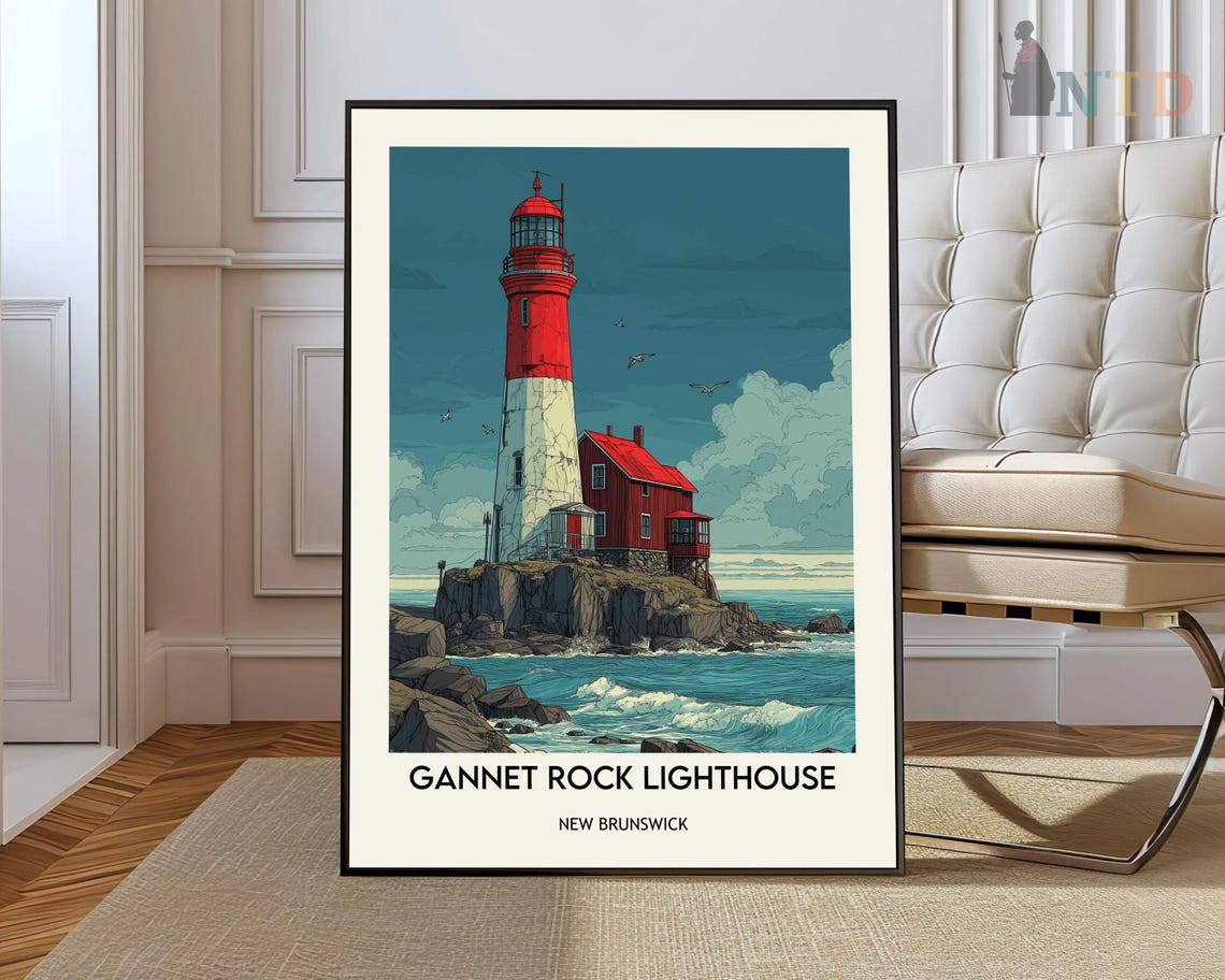 Gannet Rock Lighthouse New Brunswick Dusk Waves Retro Travel Poster