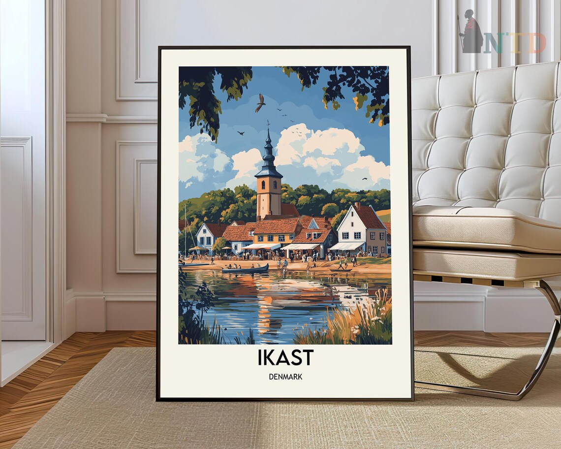 Ikast Denmark Vintage Travel Poster of a Lakeside Town Retro Art