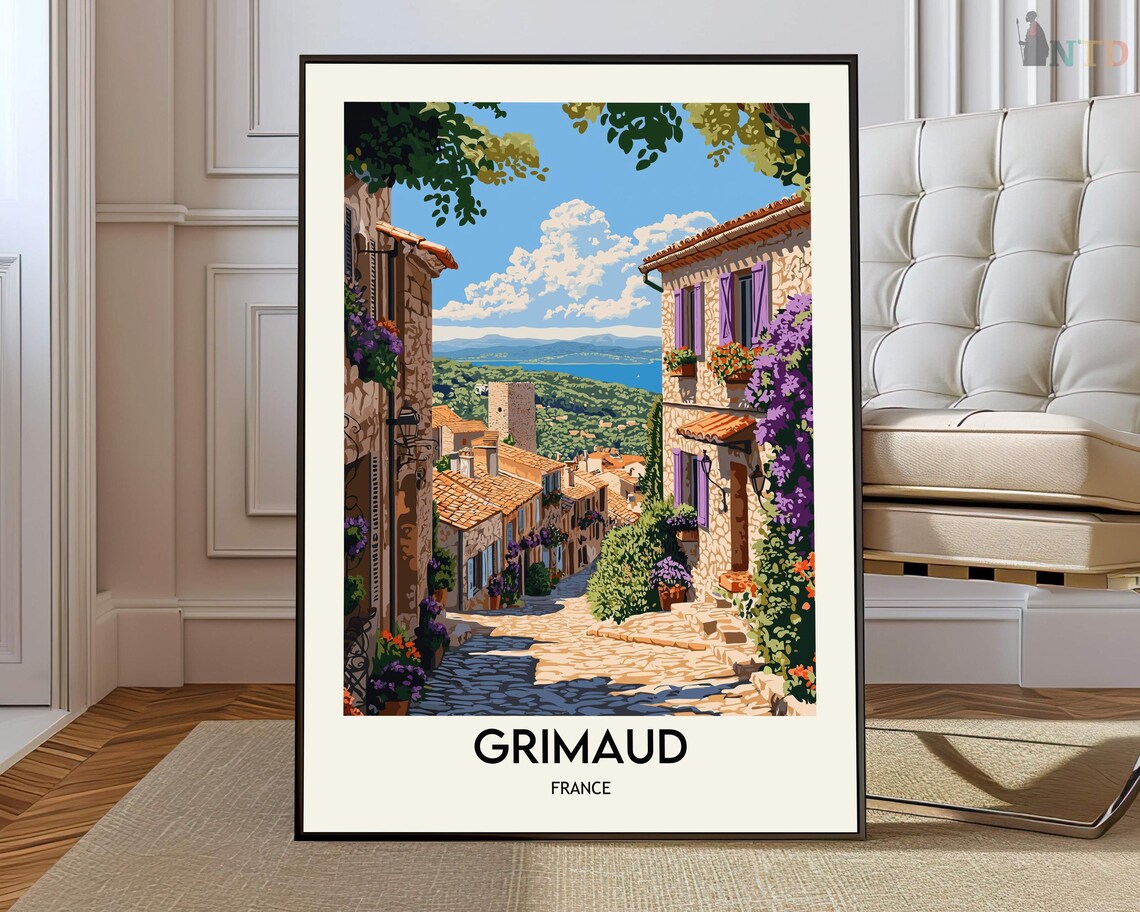Grimaud France Stone Village Street Purple Flowers Travel Poster