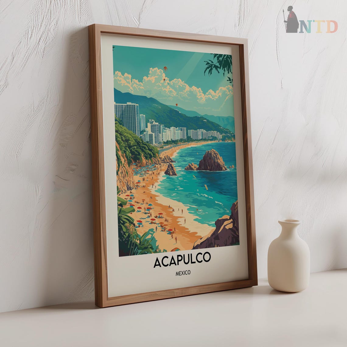Acapulco Bay Beach Umbrella Crowd Mexico Coastline Travel Poster - Image 2