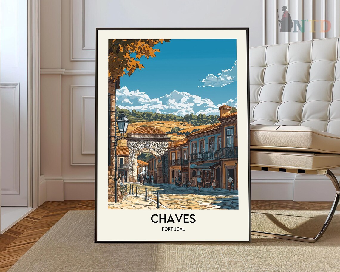 Chaves Portugal Cobblestone Street and Stone Arch Travel Poster