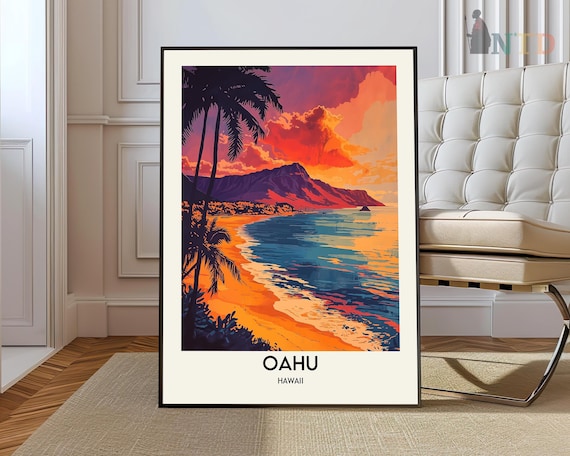 Oahu Hawaii Beach Sunset Volcanic Peak Palm Silhouette Travel Poster