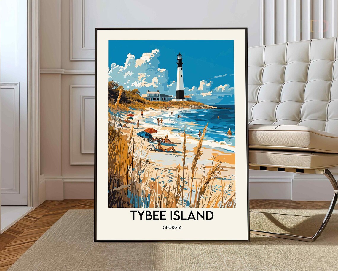 Tybee Island Georgia Beach Umbrellas Lighthouse Travel Poster