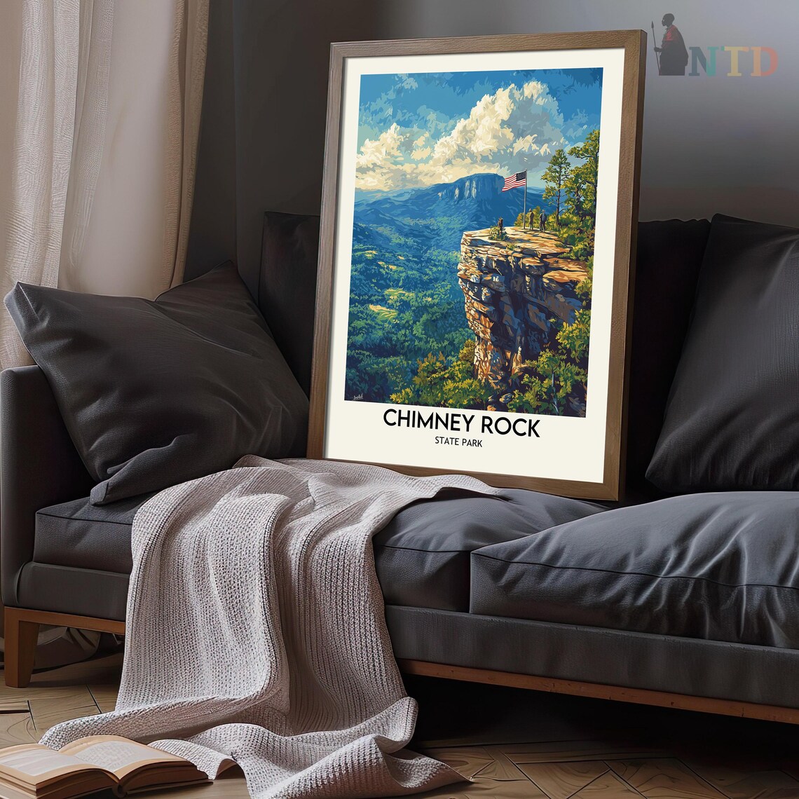 Chimney Rock State Park Flag Flying Over the Blue Ridge Vista Poster - Image 3