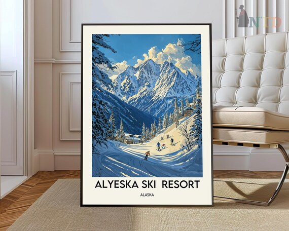 Alyeska Ski Resort Alaska Daytime Skiers Slope Retro Travel Poster