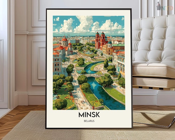 Minsk Belarus City River Colorful Illustrated Vintage Travel Poster
