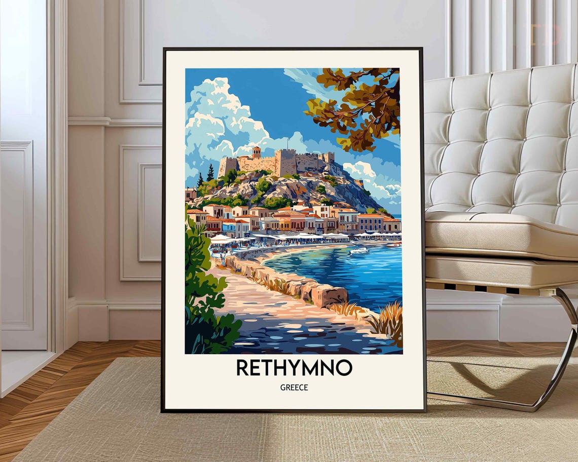 Rethymno Greece Fortezza Castle Harbor Beach Retro Travel Poster