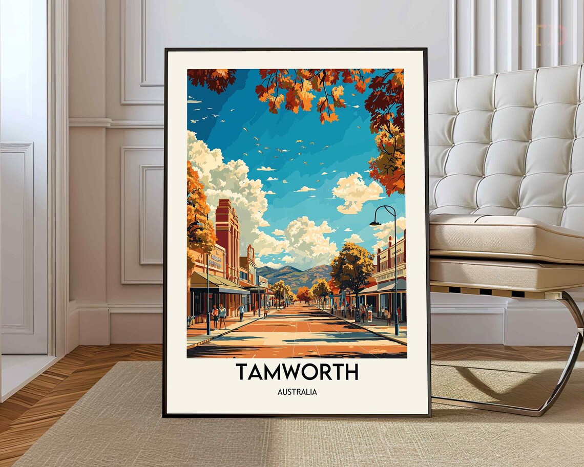 Tamworth Australia Main Street Autumn Trees Vintage Travel Poster