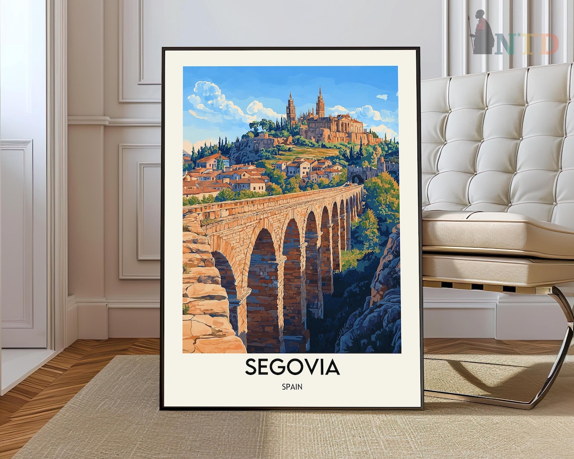 Segovia Spain Vintage Travel Poster Roman Aqueduct Cathedral Town
