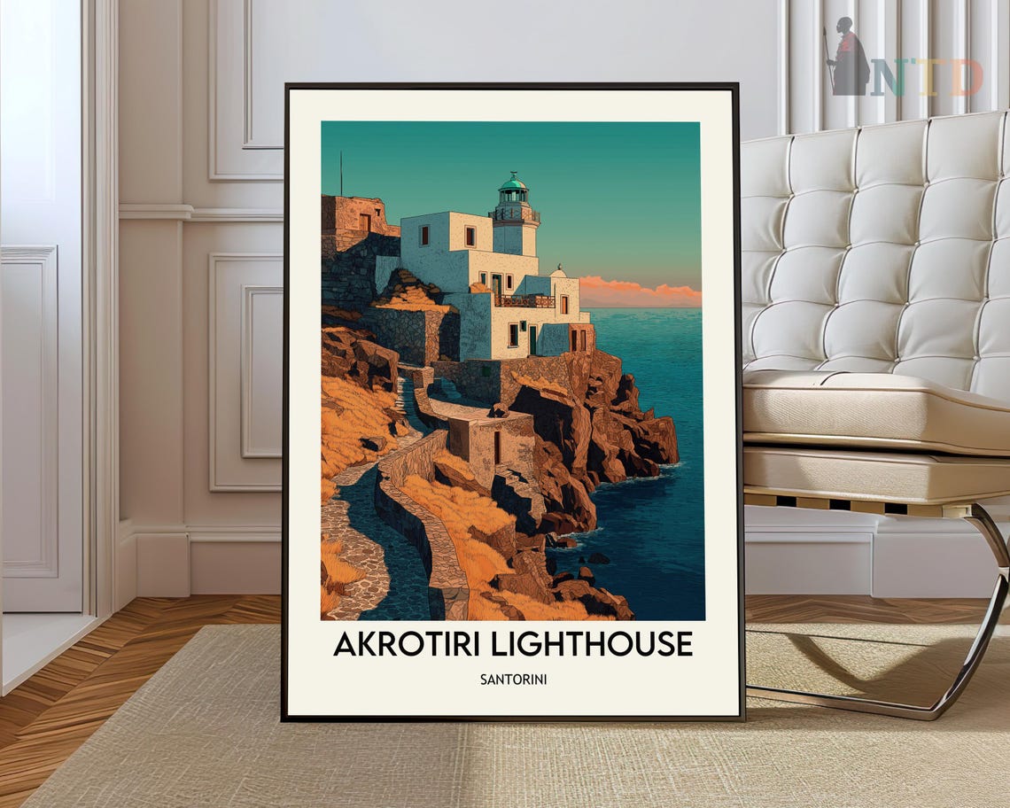 Akrotiri Lighthouse Santorini Cliffside Sunset Travel Poster