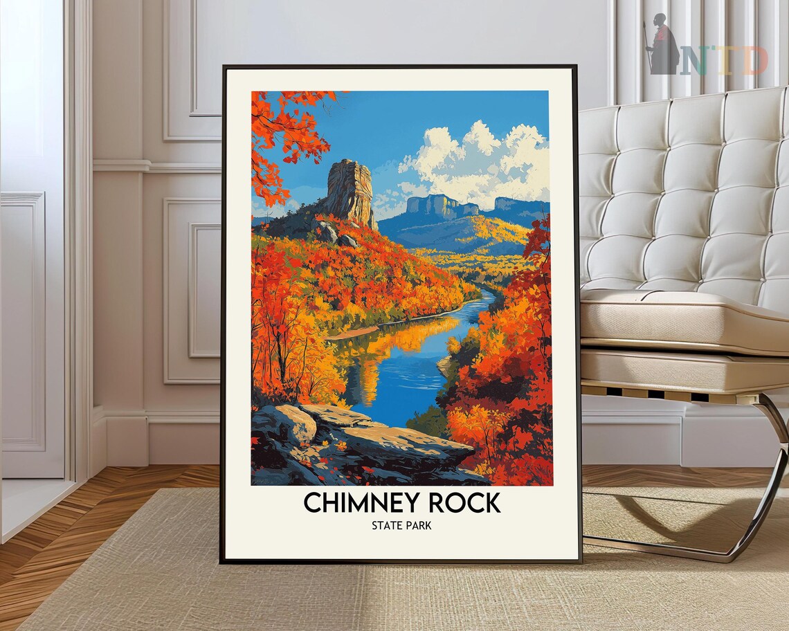 Chimney Rock State Park Autumn River Gorge Travel Art Poster
