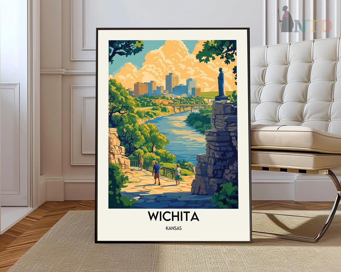 Wichita Kansas Riverfront Skyline Statue Vintage Travel Poster