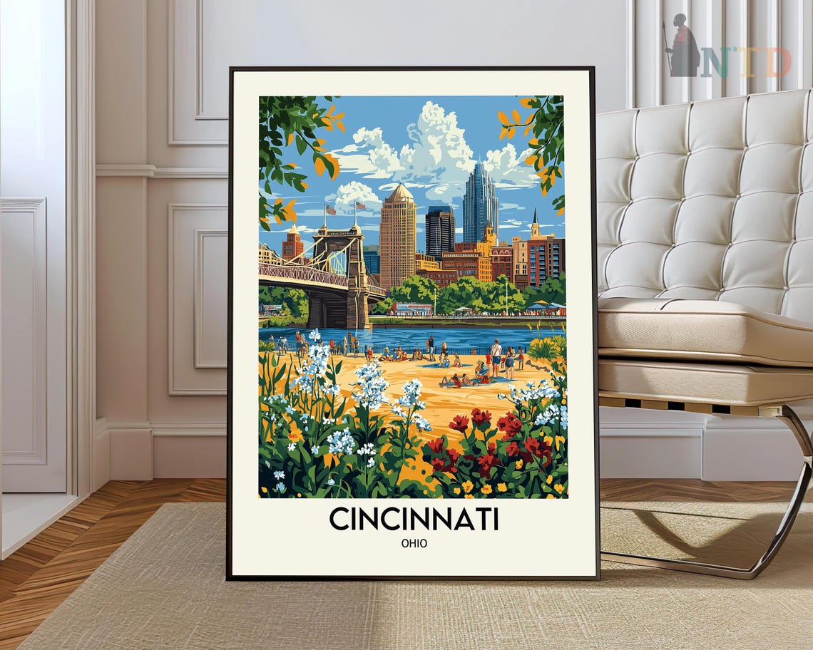 Cincinnati Ohio Skyline Bridge Riverside Park Flowers Travel Poster