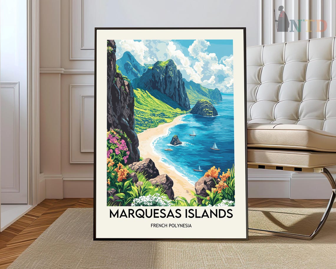 Marquesas Islands French Polynesia Tropical Cliff Coast Travel Poster