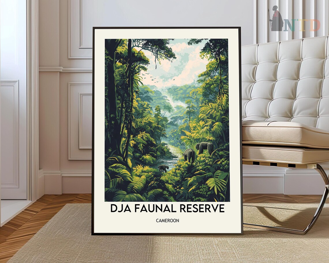 Dja Faunal Reserve Cameroon Poster Rainforest Elephants Jungle Art