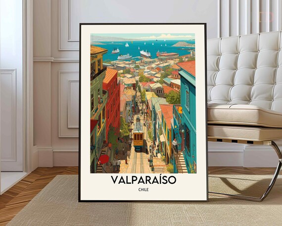 Valparaiso Chile Colorful Hillside Funicular Railway Travel Poster