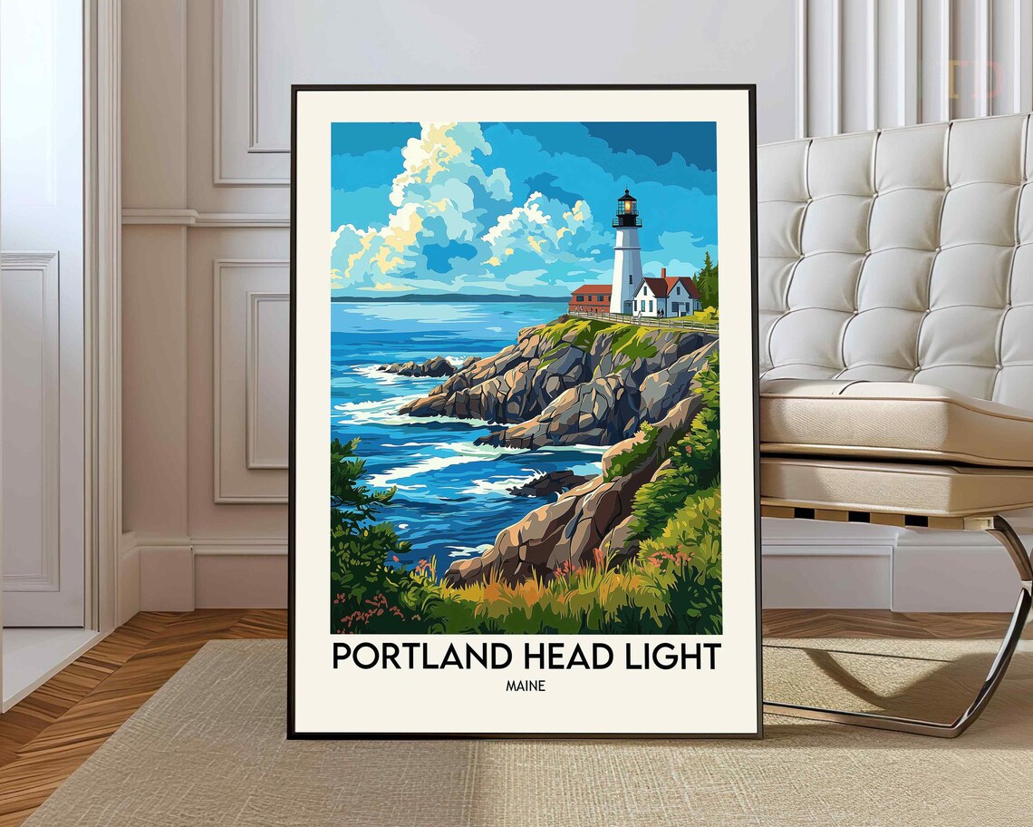 Portland Head Light Maine Rocky Coast Vintage Style Travel Poster