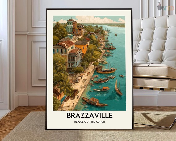 Brazzaville Congo Riverside Boats Historic Town Vintage Travel Poster