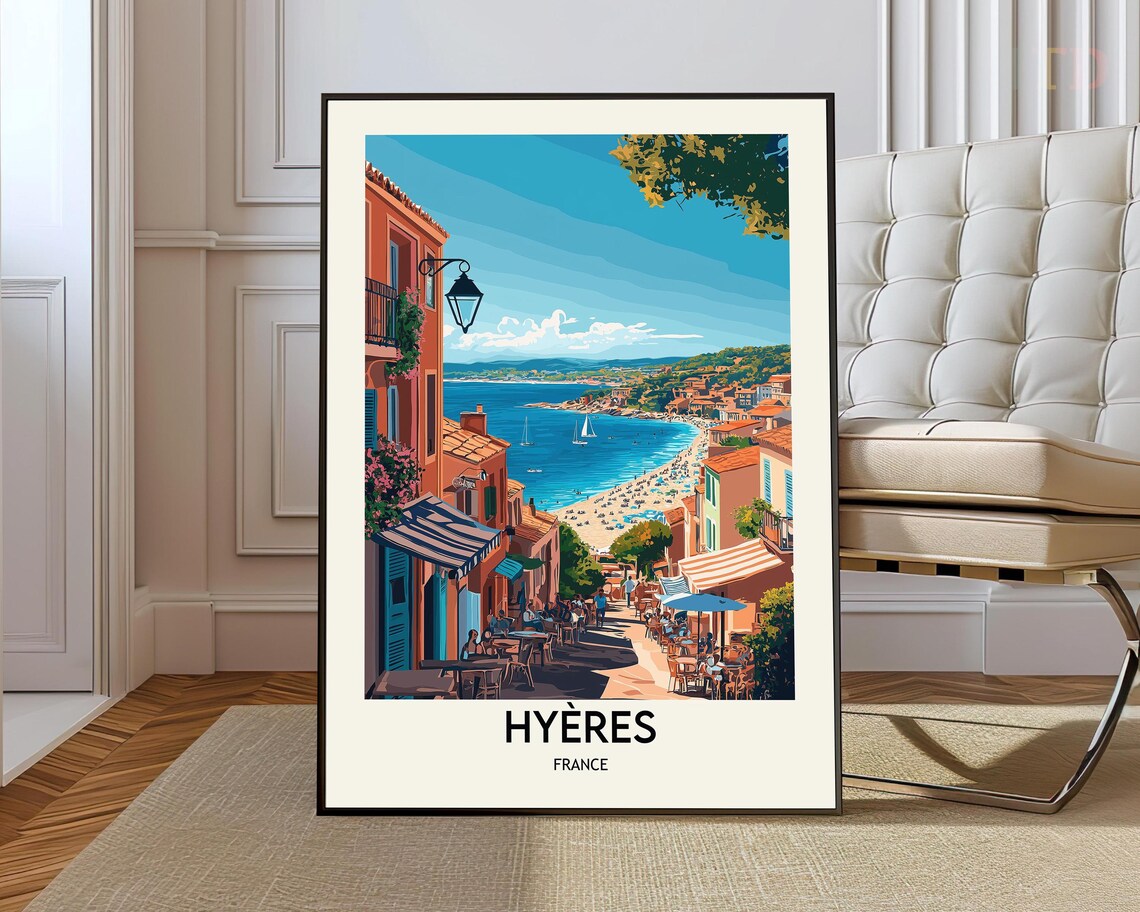 Hyeres France Coastal Street Cafe Terrace Beach View Travel Poster