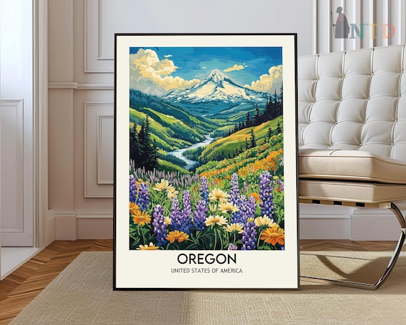 Oregon Mount Hood Vibrant Wildflower Meadows Retro Travel Poster