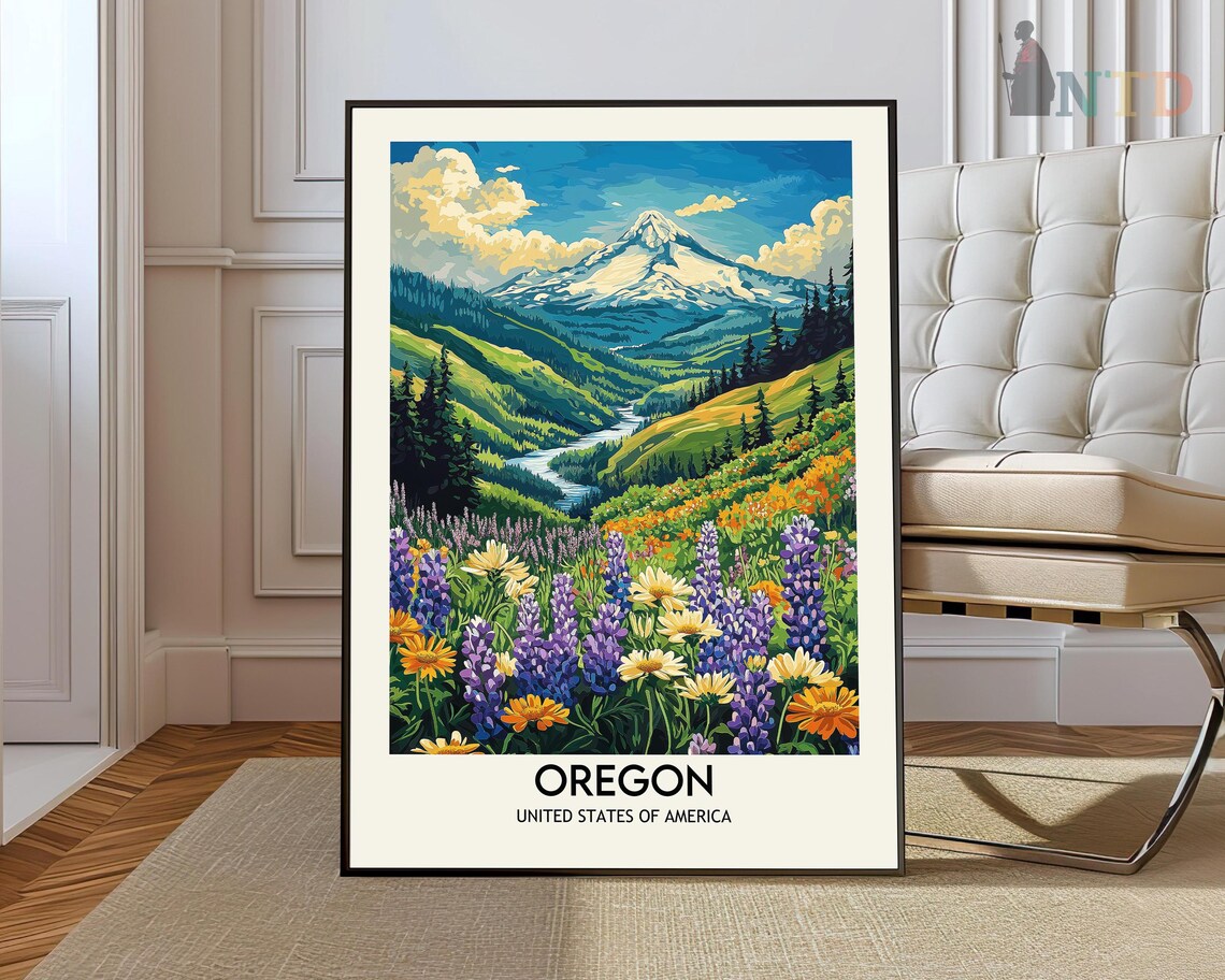Oregon Mount Hood Vibrant Wildflower Meadows Retro Travel Poster