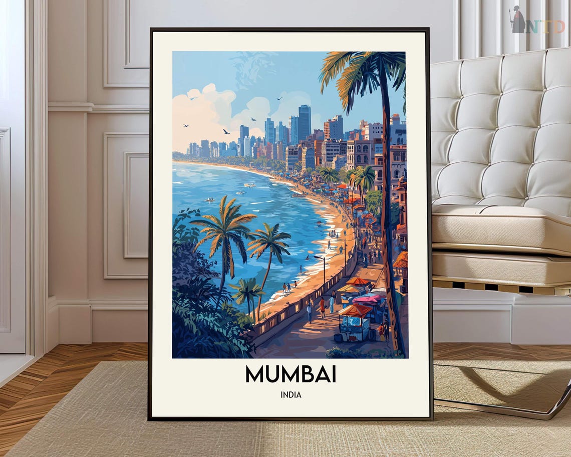 Mumbai India Beach City Skyline Retro Travel Marine Drive Poster