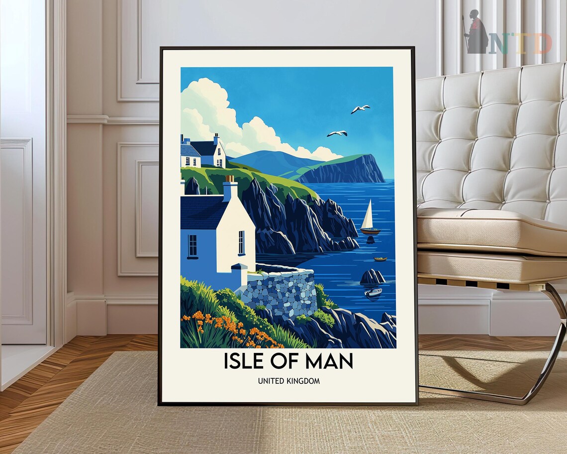 Isle of Man Travel Poster Coastal Cliffs Cottages United Kingdom